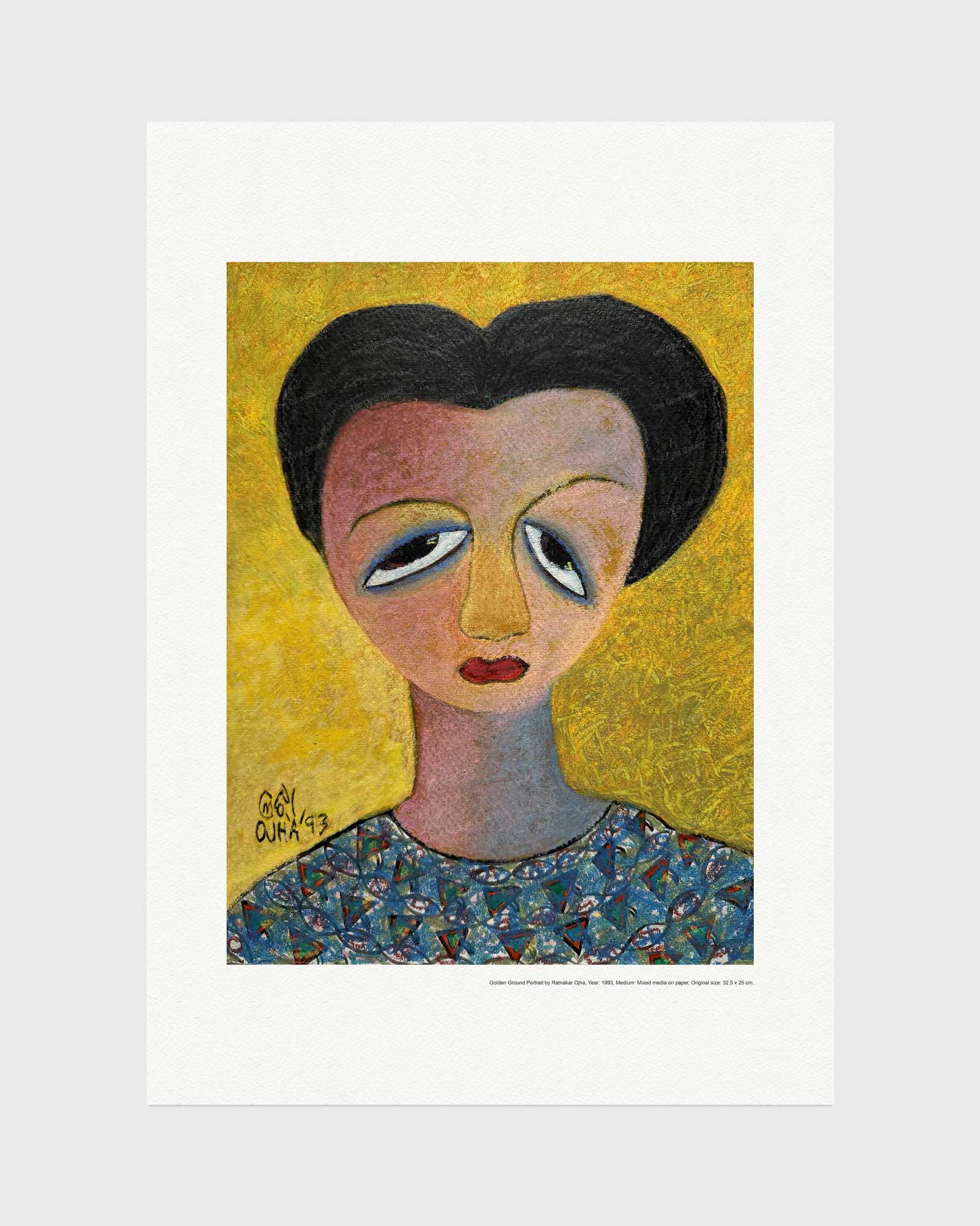 Golden Ground Portrait fine art print by Ratnakar Ojha featuring a stylized portrait of a woman with dark hair, a patterned blue dress, and a textured yellow background, presented on a white sheet against a light gray backdrop.