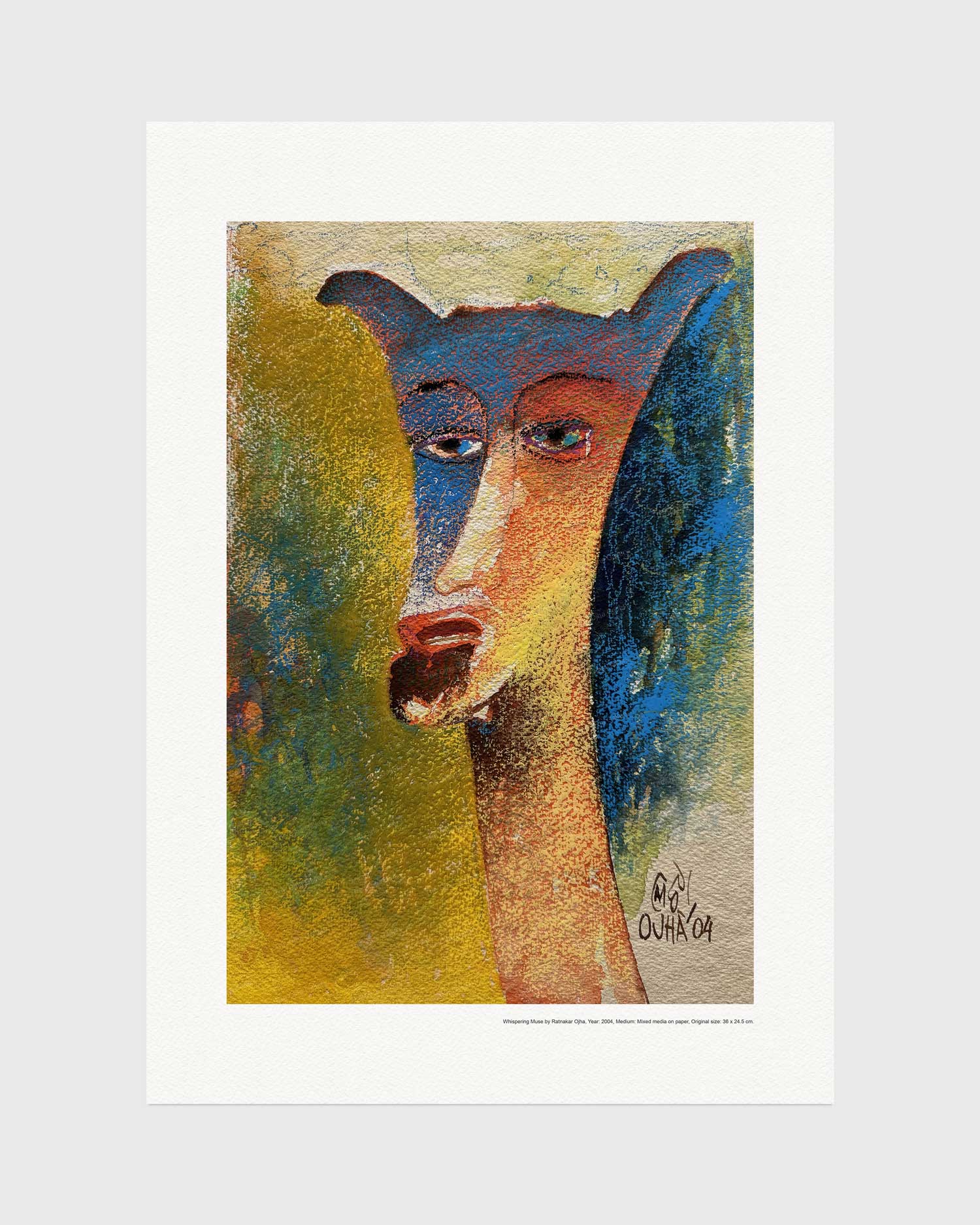 Whispering Muse fine art print by Ratnakar Ojha featuring a stylized portrait of a dog with textured brushstrokes in blue, yellow, green, and brown, presented on a white mat against a light gray background.