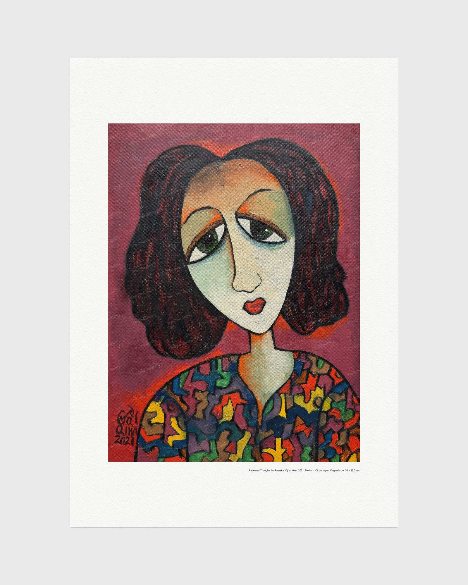 Patterned Thoughts fine art print by Ratnakar Ojha featuring an abstract portrait of a woman with dark hair, a pale face, and a colorful patterned top against a reddish-purple background.