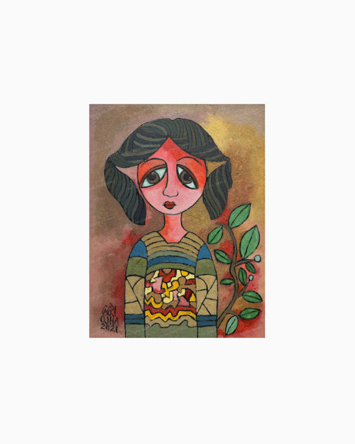 Original Inner Garden Child painting by Ratnakar Ojha of a woman with dark hair, a red face, and a patterned green sweater, standing beside a leafy plant on a textured brown and gold background.