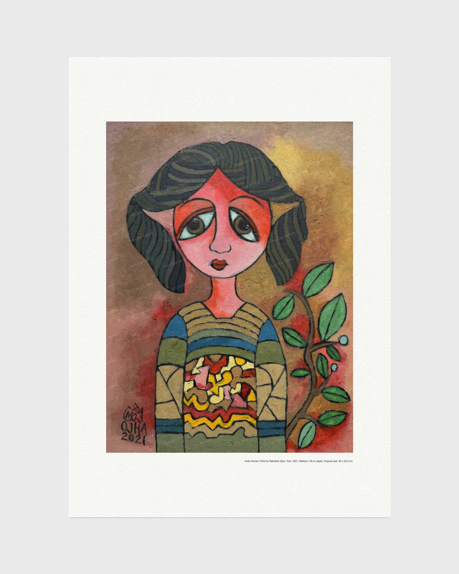 Inner Garden Child fine art print by Ratnakar Ojha featuring a woman with dark hair, a patterned sweater, and a plant, presented on a white paper sheet against a light gray background.